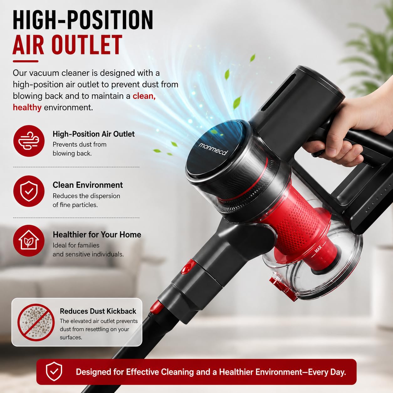Aspirapolvere Senza Fili Estensibile 4-in-1 Scopa Elettrica Senza Filo LED/Filtro HEPA/2 Velocità /49Mins Autonomia,Aspirapolvere Anti-groviglio,Ultraleggero,per Tappeti,Pavimenti,Peli animali(Rosso)