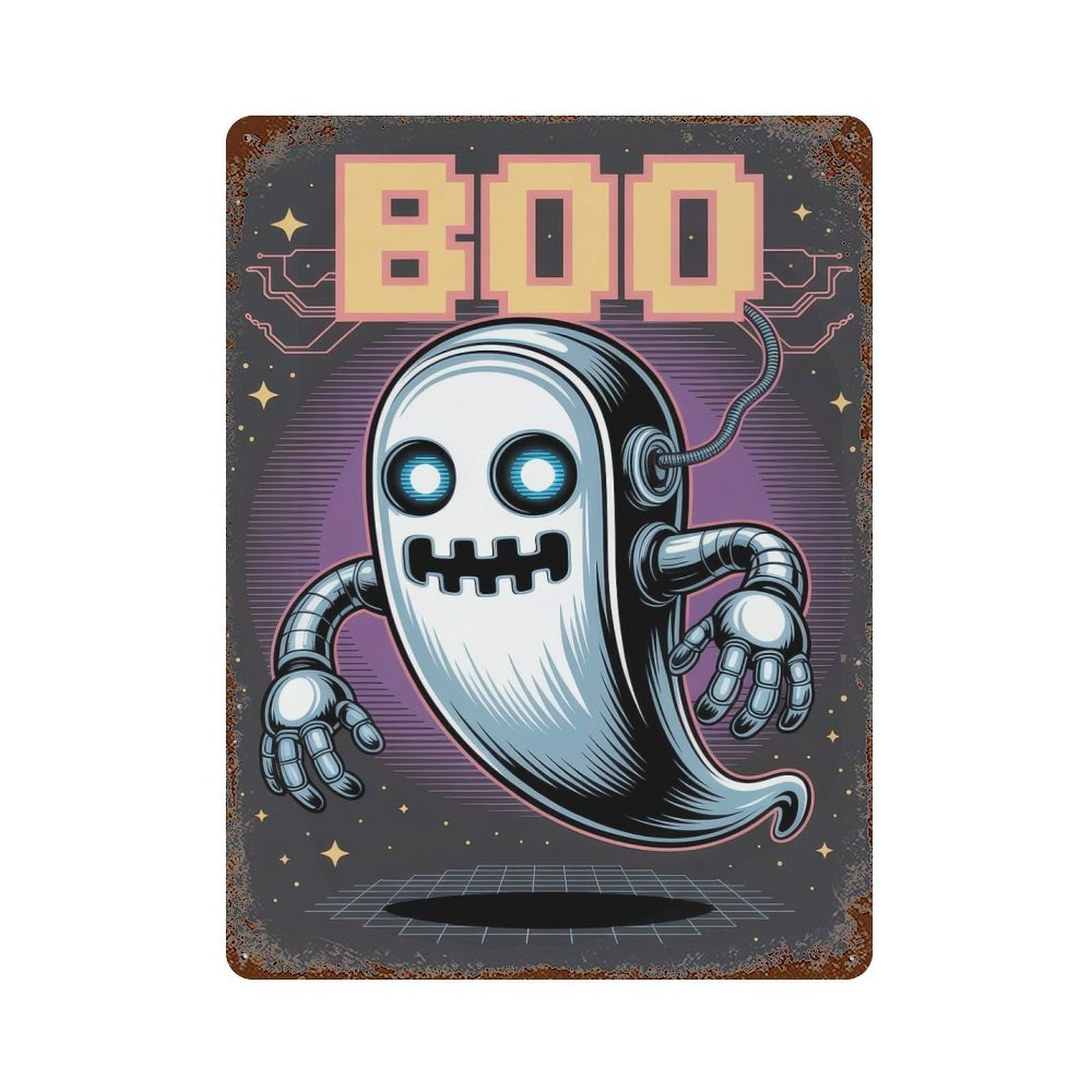 Vintage Rust Metal Sign Robotic Ghost with Pixelated BOO 15.7"x11.8", Shabby Chic Decor for Cafe, Home Bar And Lounge Decor