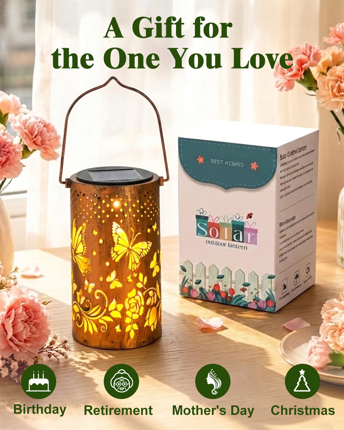 Paquete de 4 linternas solares colgantes para exteriores, 4 mariposas con decoración de metal, linterna LED impermeable para jardín
