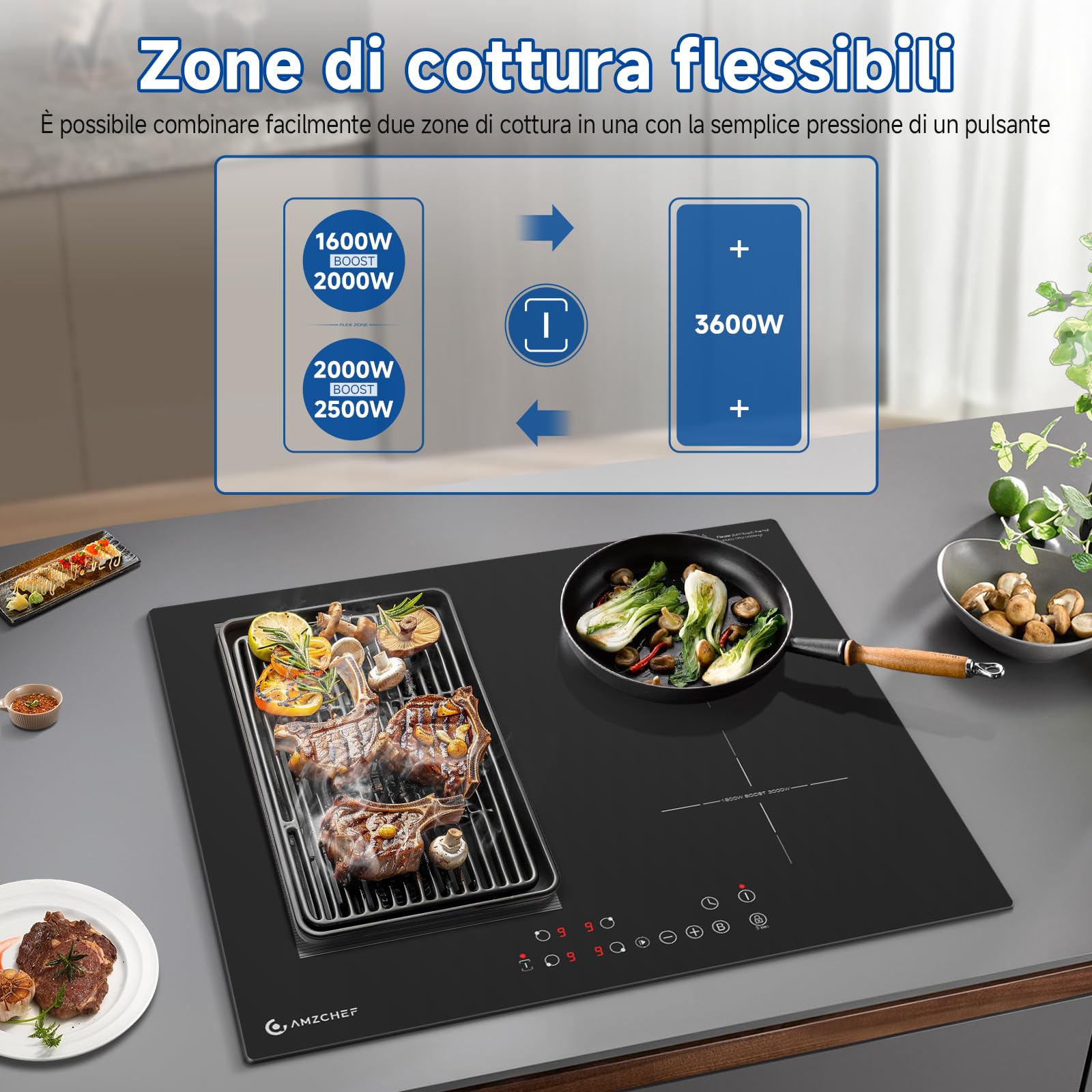 Piano cottura a induzione AMZCHEF da 60 cm con 4 zone boost flessibili, 9 livelli, funzione warm up e STOP + GO, 7400W, touchscreen, blocco di sicurezza e timer