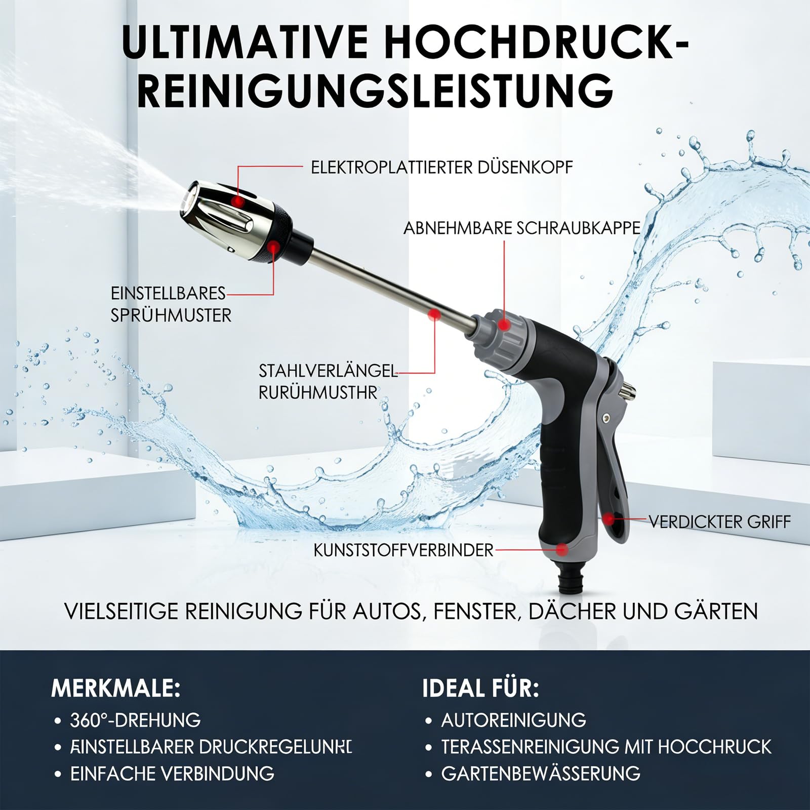 Power Jet Hochdruckpistole, Hochdruckpistole Für Gartenschlauch, Drei Sprüheffekte, 360° Drehbar, Ausgestattet Mit Metallgelenken Und 15 M Langem Teleskoprohr (A+15 m Wasserschlauch)