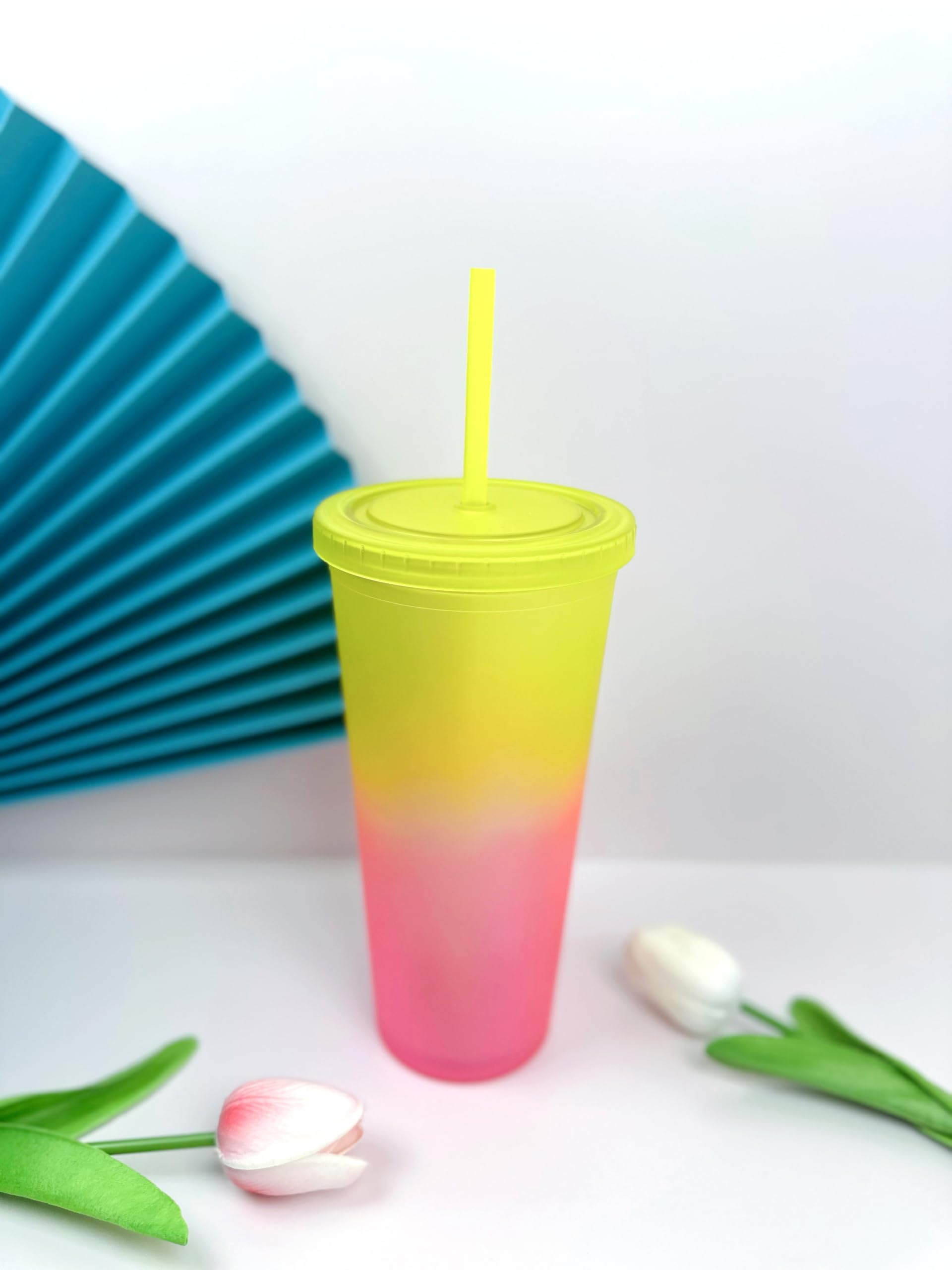 LINDACA 24oz/710ml Double Wall Gradient Colour Reusable Plastic Cups with Lid and Straw (Yellow) - Image 2