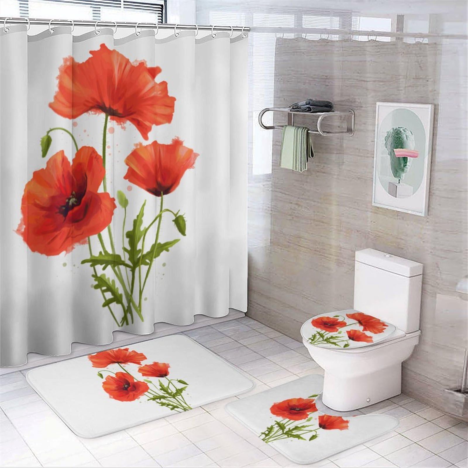 JZemdybill Bathroom Mat Set 4 Piece, Red Poppy Shower Curtain with Non-Slip Bath Mats for Bathroom