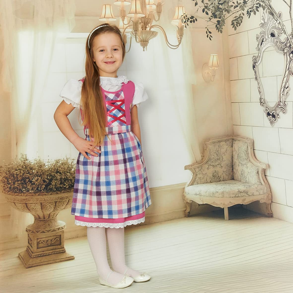 Schrammel 3-częściowy dirndl dla dzieci w kolorze bzu karo dla dziewczynek z haftem