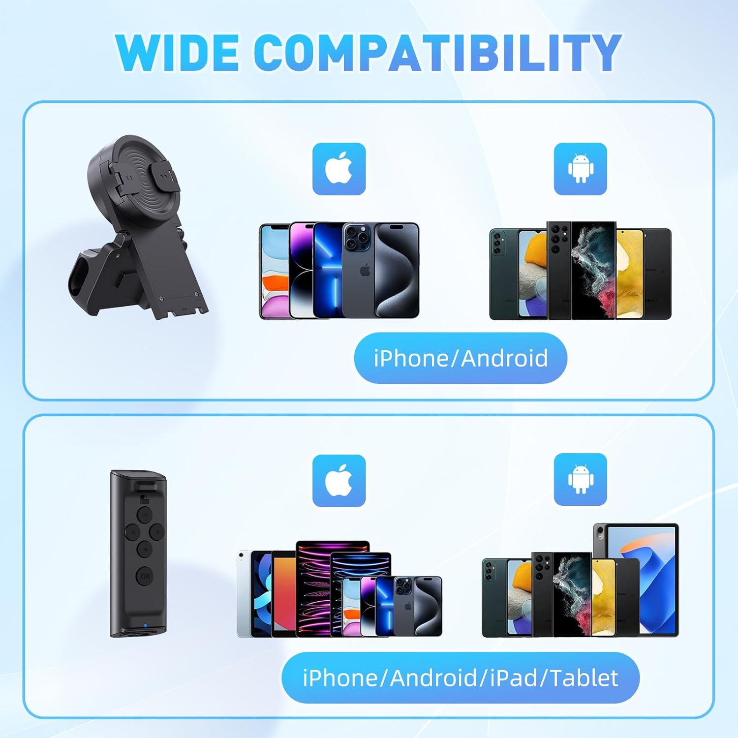 MILOUZ TK-Pro remote control and phone stand showing wide compatibility with various iPhone, Android, iPad, and Tablet models