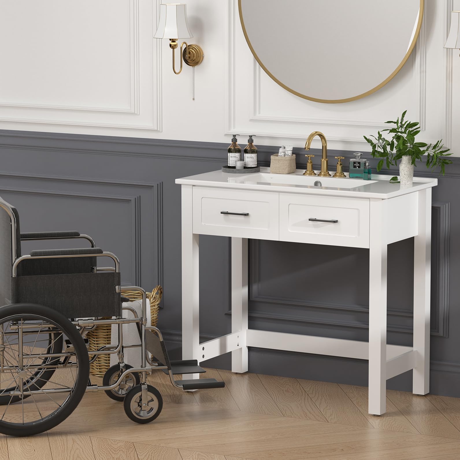 Findepot 36 Inch Bathroom Vanity with Sink ADA Compliant Cabinet White Ada Compliant Large Vanity with One Flip Drawers & Ceramic Sink for Wheelchair
