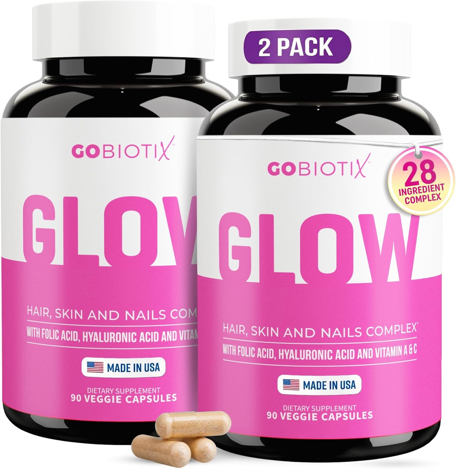 GOBIOTIX Hair Skin and Nails Multivitamin for Women - 10,000mcg Biotin, Hyaluronic Acid & MSM - 28 Vitamins with Folate & Iron - Hair Growth, Nail Growth - 2-Pack, 180 Capsules