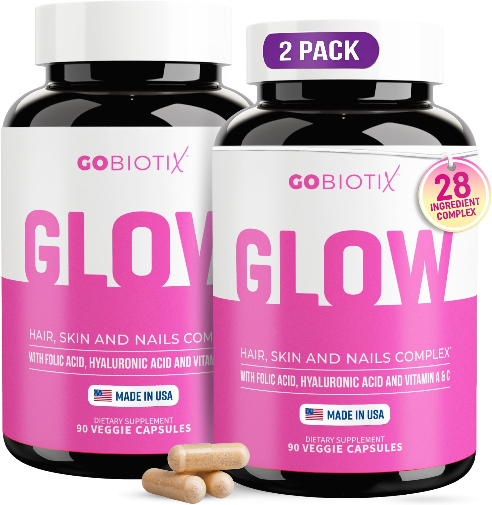 Hair Skin and Nails Multivitamin for Women - 10,000mcg Biotin, Hyaluronic Acid & MSM - 28 Vitamins with Folate & Iron - Hair Growth, Nail Growth - 2-Pack, 180 Capsules