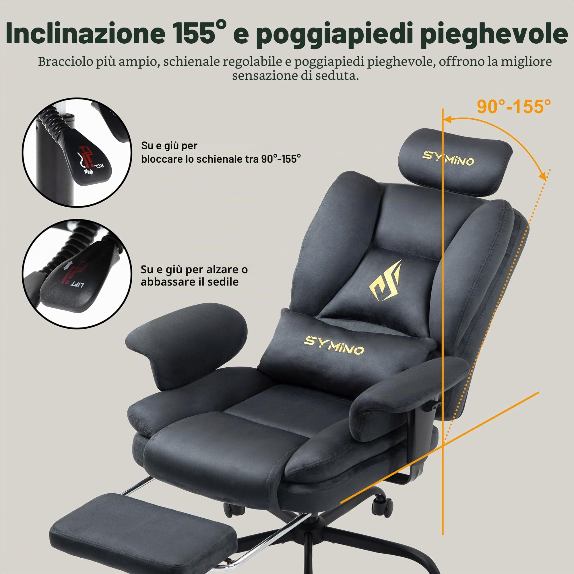 Symino Sedia Gaming con Poggiapiedi, Reclinabile 150°, Braccioli Regolabili in Altezza, Rivestimento in Microfibra Traspirante, Portata 150 kg