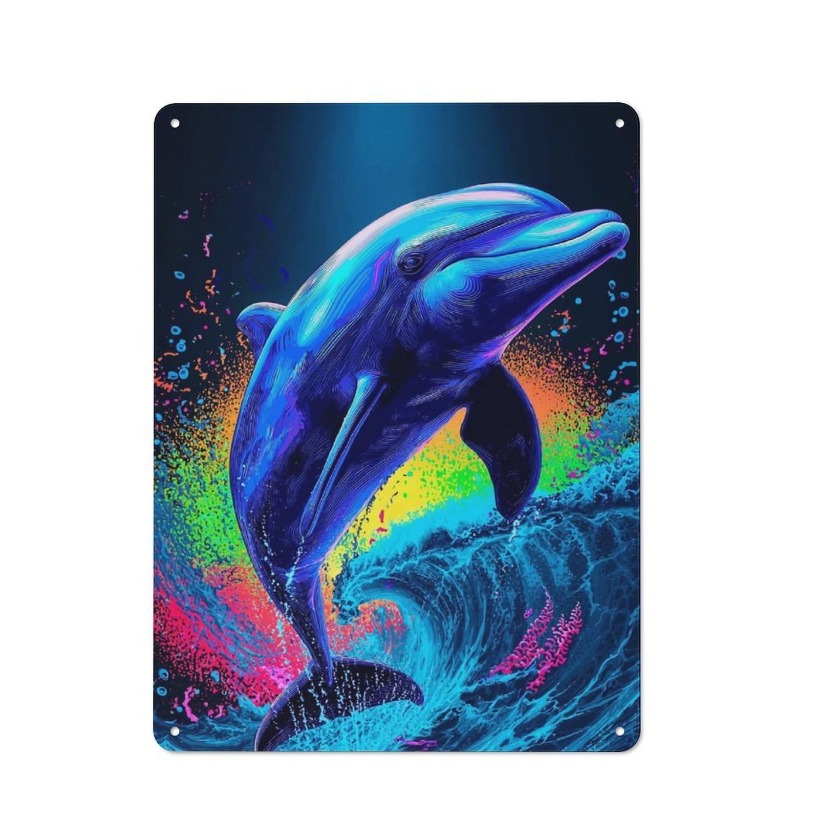 Junmoney Neon Dolphin Splash Artwork Rustic Metal Plaque 40X30cm For Guest Room Or Hallway, A Decorative Metal Sign For Guest Rooms And Hallways