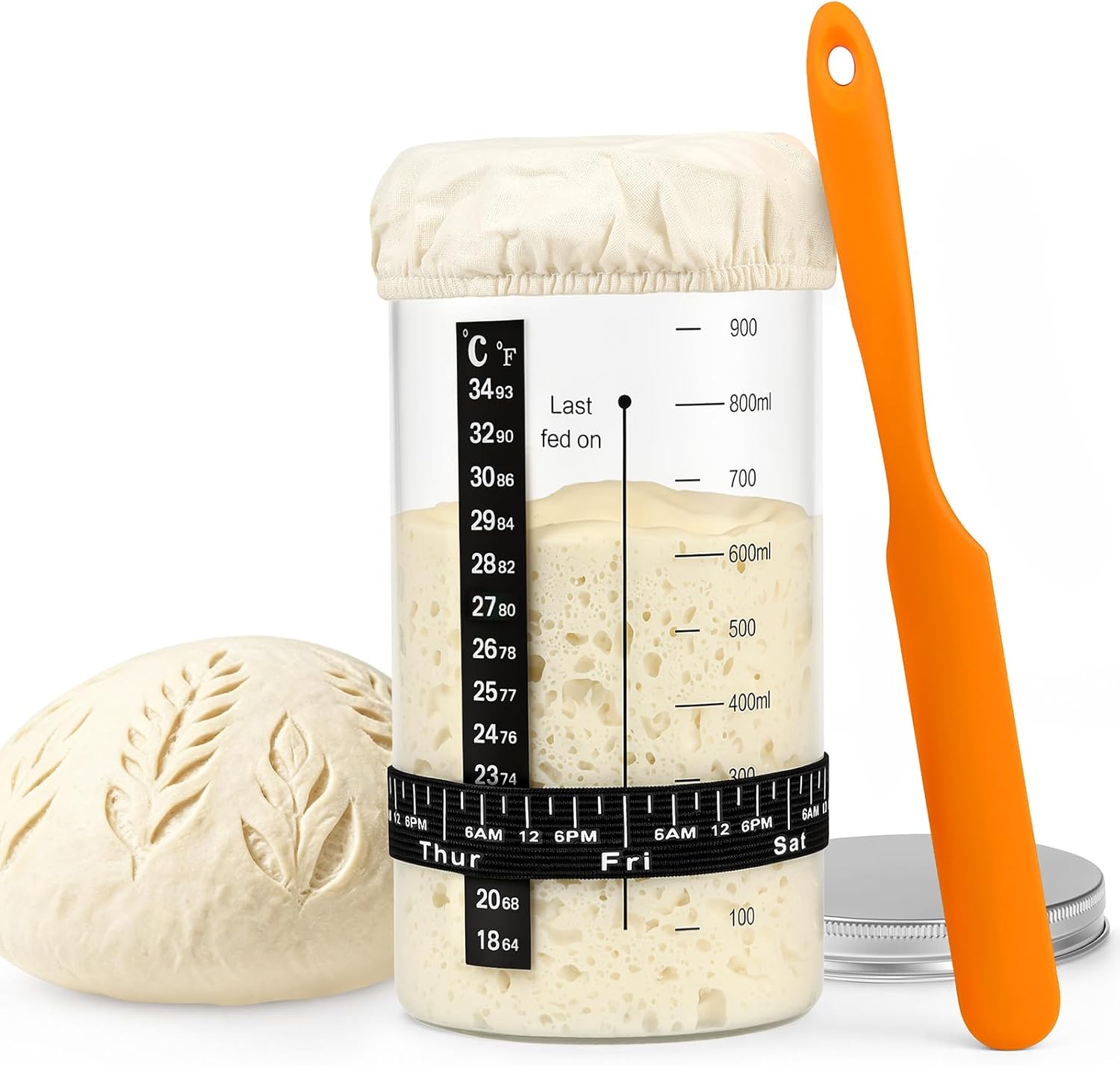 34 oz Sourdough Starter Jar, Large Artisan Glass Sourdough Starter Jar Kit with Long Silicone Spatula, Temperature Strip, Feeding Tracking Band, Linen Cloth Cover & Aluminum Lid