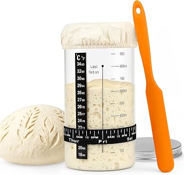 34 oz Sourdough Starter Jar, Large Artisan Glass Sourdough Starter Jar Kit with Long Silicone Spatula, Temperature Strip, Feeding Tracking Band, Linen Cloth Cover & Aluminum Lid