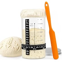 34 oz Sourdough Starter Jar, Large Artisan Glass Sourdough Starter Jar Kit with Long Silicone Spatula, Temperature Strip, Feeding Tracking Band, Linen Cloth Cover & Aluminum Lid