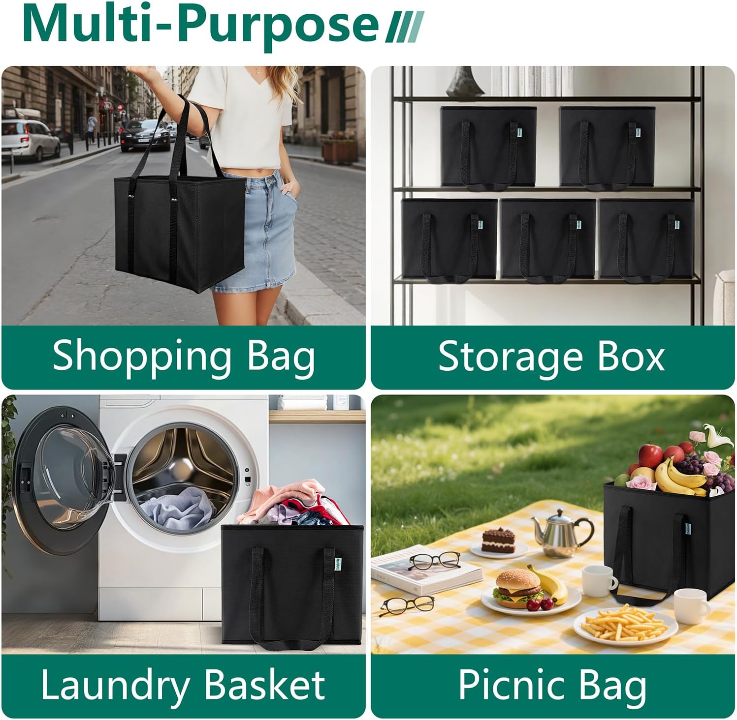 Reusable Grocery Bags Foldable 4-Pk, Heavy Duty Large Reusable Shopping Bags with Handles, Collapsible Tote - Image 4