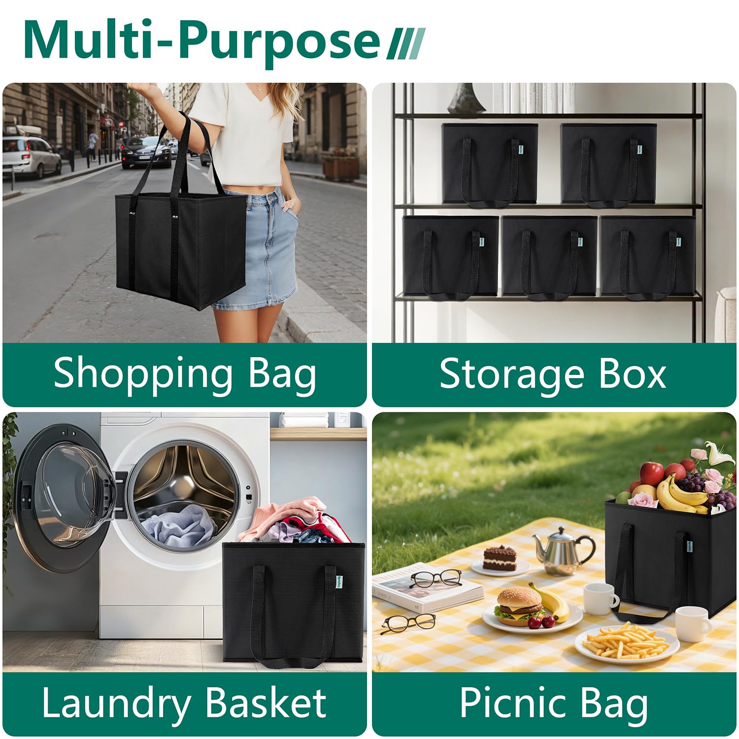Sacchetti della spesa riutilizzabili pieghevoli (confezione da 4), borse per la spesa riutilizzabili resistenti con manici, grande borsa tote stand up a forma di scatola, borsa multiuso