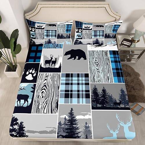Miniatura 53 de Sábana bajera ajustable de oso de caza, juego de ropa de cama a cuadros de búfalo, sábanas de retazos de cabaña rústica para niños, niños, Multi