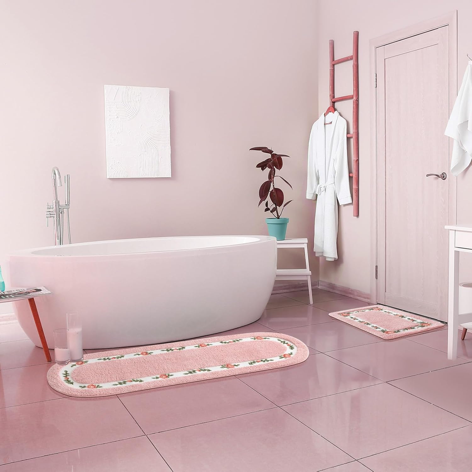 2 Pcs Rose Flowers Bathroom Rugs Set Coquette Room Decor Floral Rugs for Bathroom Bedroom Living Room,Non Skid Absorbent Romantic Rose Flower Area Rugs 2 Shapes(Pink,Large)