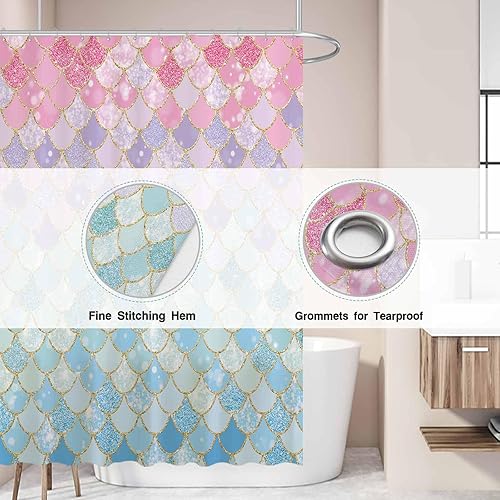 Miniatura 3 de Allenjoy Cortina de ducha con escamas de sirena de 72 x 72 pulgadas para baño, océano bajo el mar, decoración de baño rosa y azul, tela impermeable