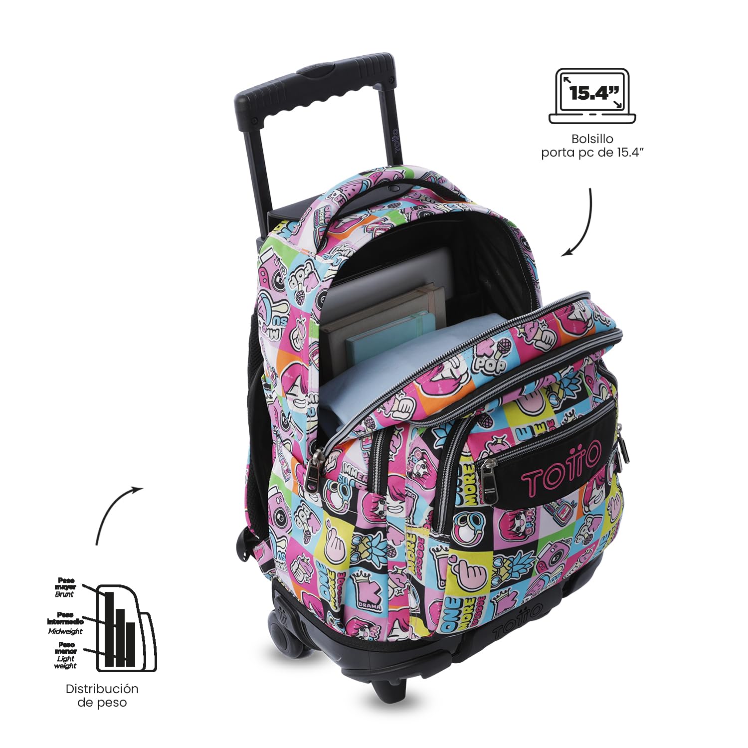 TOTTO - Mochila Escolar con Ruedas, Modelo Renglones, Capacidad 26,21 Litros, Bolsillo para PC 14", Bolsillo Botella, Correas en S para Mayor Comodidad, Resistente, Estampado K-Pop Rosa