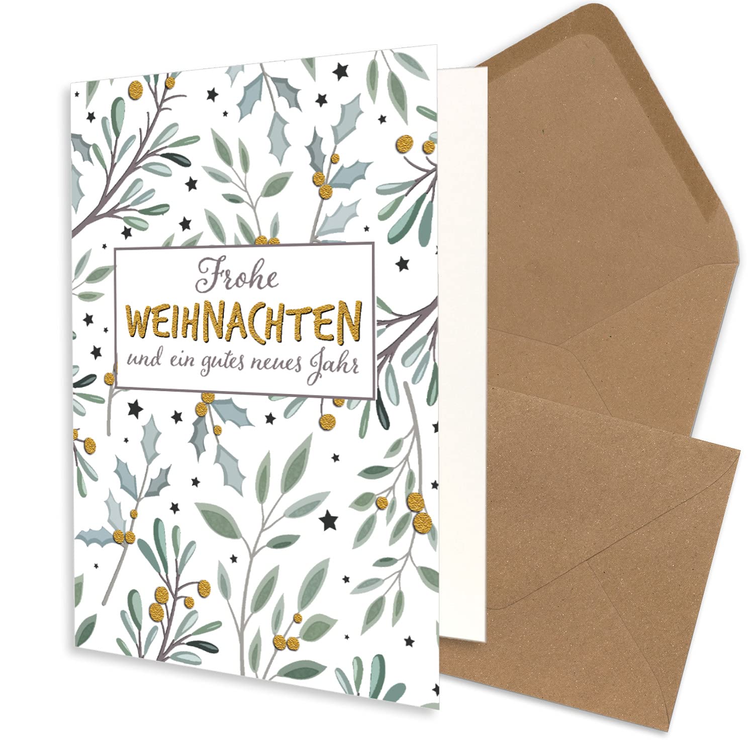 Lot de 75 cartes de Noël XL format A5 en blanc avec branches d'eucalyptus et de mistre – Cartes pliées avec enveloppes DIN C5 en papier kraft marron sable avec fermeture humide – Vœux de Noël pour