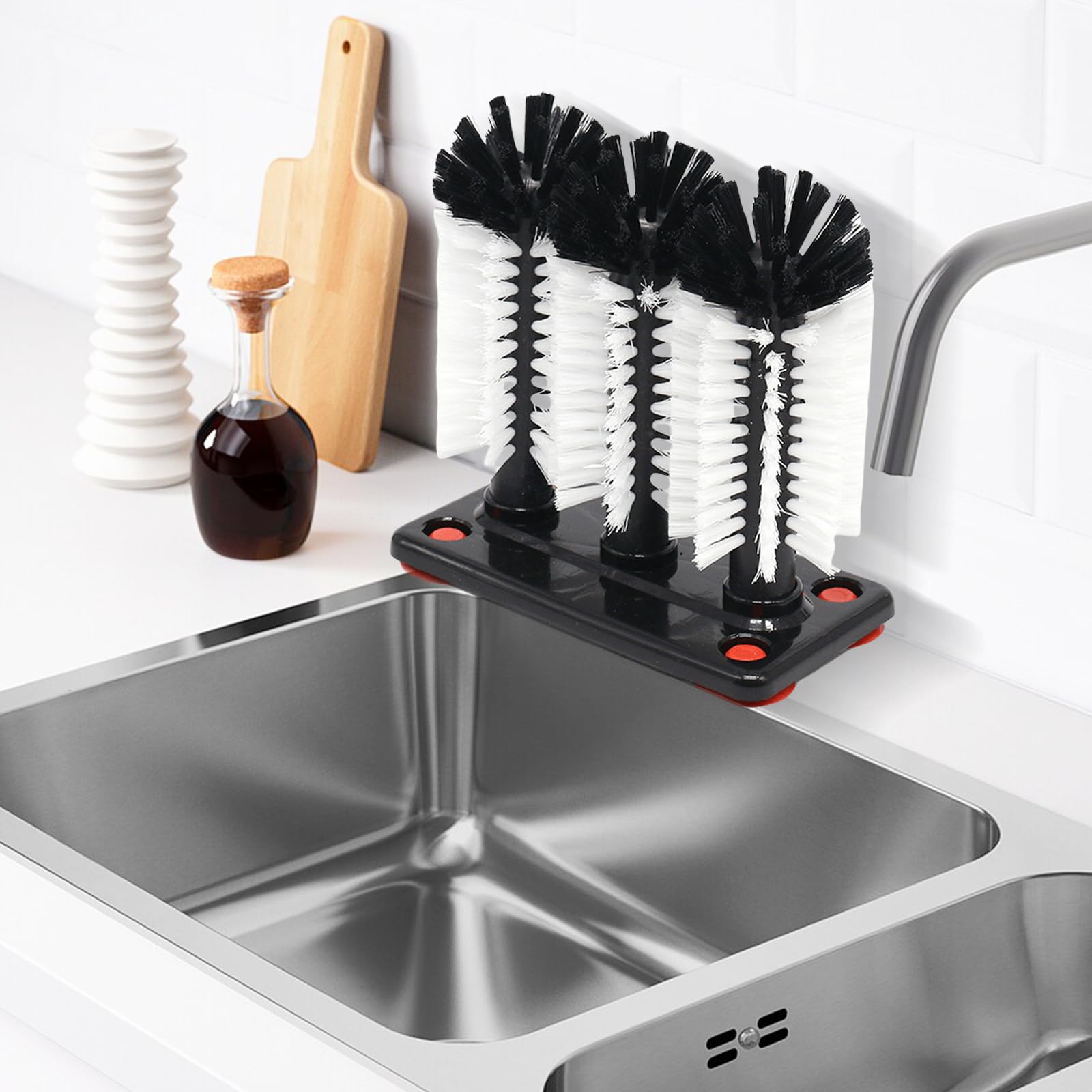Brosse à vaisselle pour verres avec ventouse, 3 pièces, brosse à vaisselle, brosse à vaisselle, gastronomie, fêtes et bar, tasses, gobelets, brosse à verres, brosse en verre, évier 18,5 x 9,5 x 19 cm