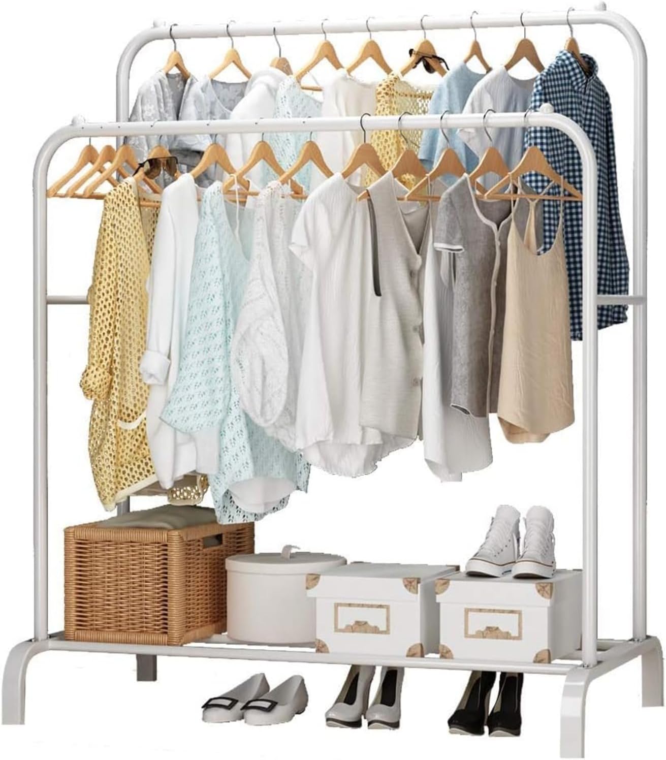 Clothes Rack, Clothing Garment Rack Metal Double Rail Hanging Clothes 2-Tier Storage Shelf For Boxes Shoes Boots Commercial Grade Multi-Purpose Entryway Shelving Unit For Home Office Bedroom (White)