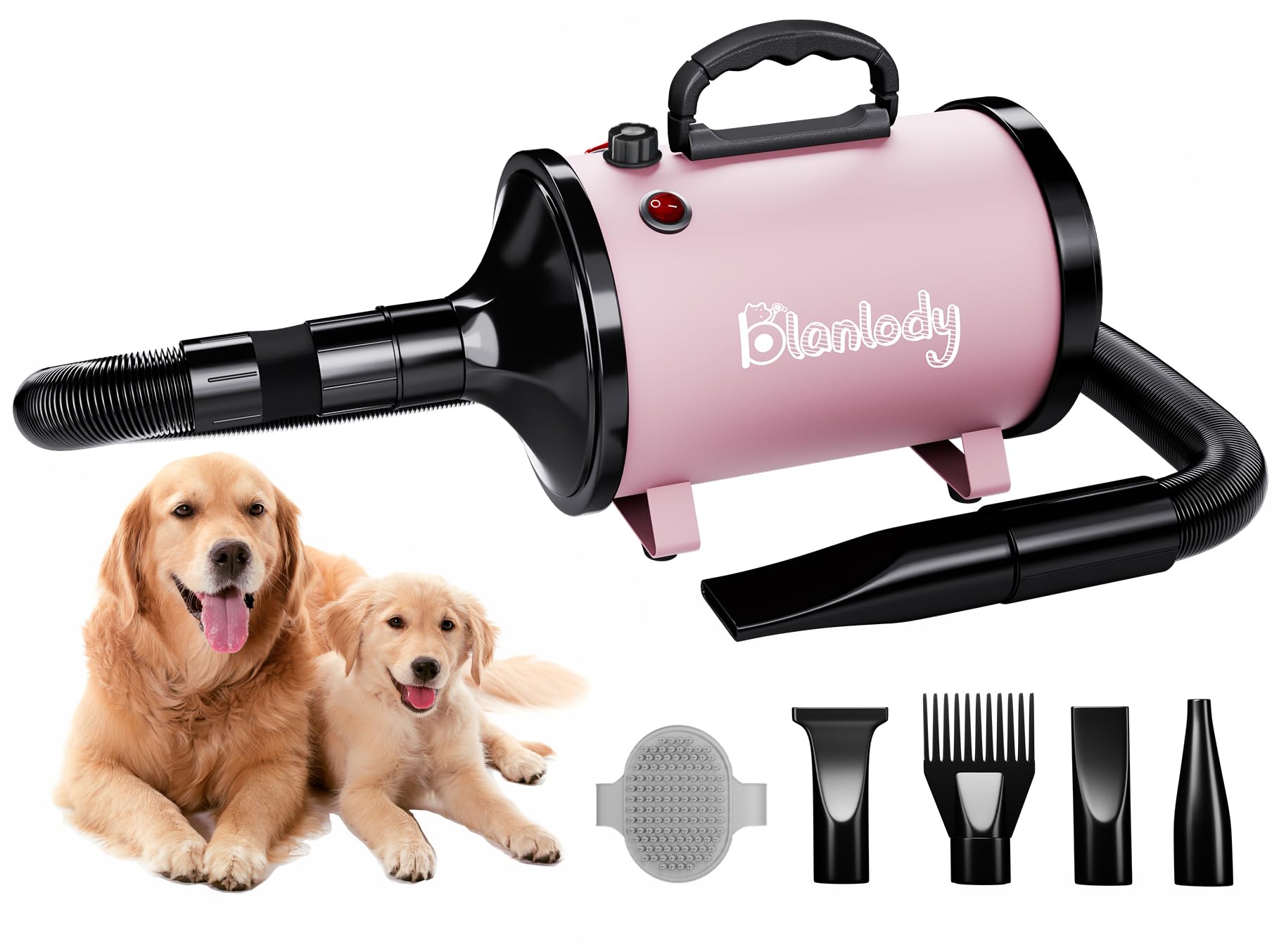 Blanlody Asciugacapelli per Cani Blower Molto Silenzioso, 4,5 CV/3200 W, velocità Regolabile, Ventilatore per la Cura del Cane con 4 Diversi ugelli, Tubo Elastico e Spazzola per la Cura