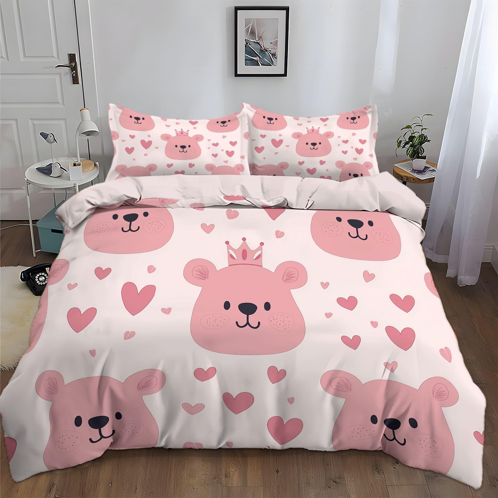 Duvet Cover King Size Pink Cartoon Bear Face Reversible 3 Pieces Duvet Cover Set, Bedding Set for All Season, Soft and Breathable Bedding Set with Zipper Closure