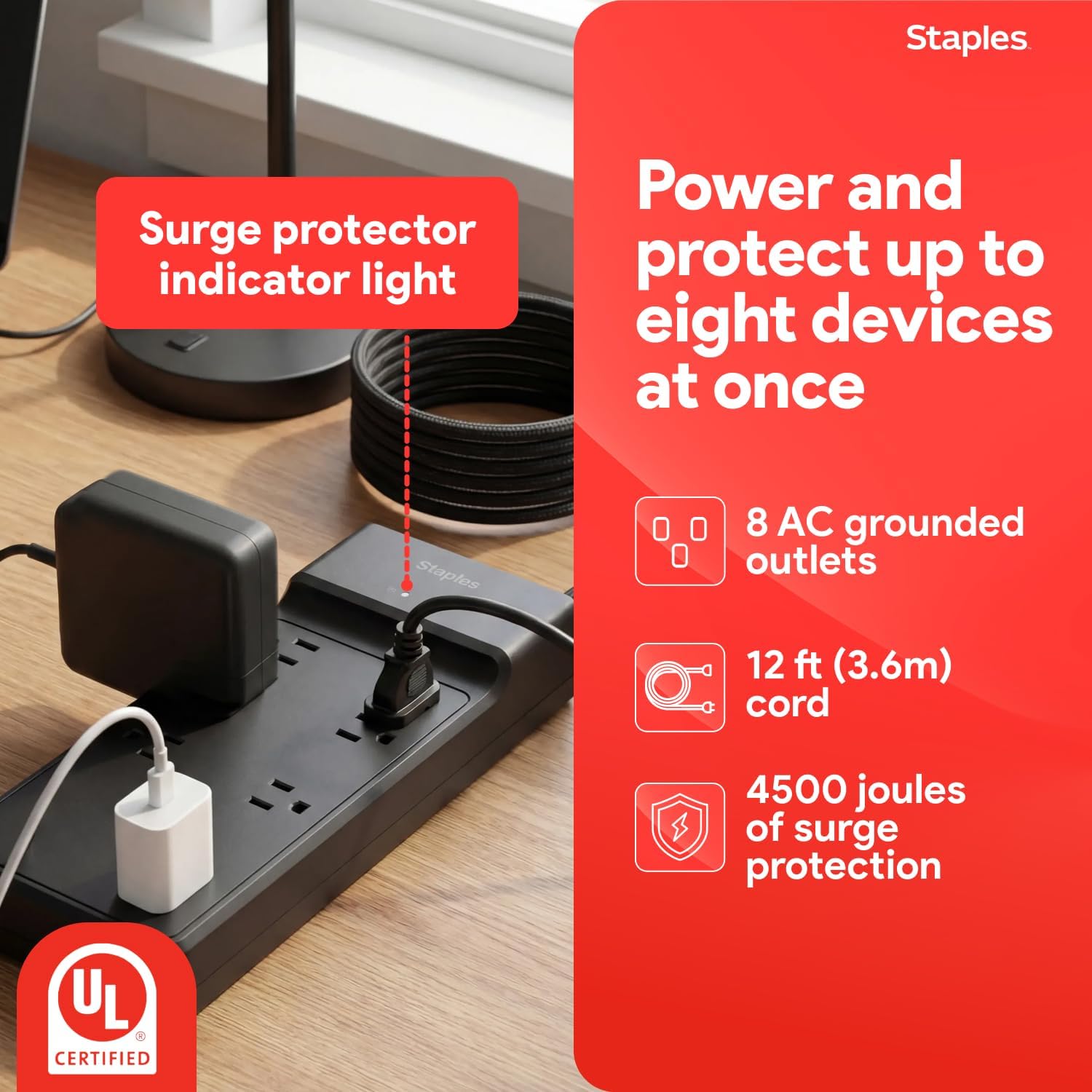 8‑Outlet Surge Protector with 12 ft. Braided Cord with Flat Offset Plug – Ideal for Home & Office, 4500 Joules, Black
