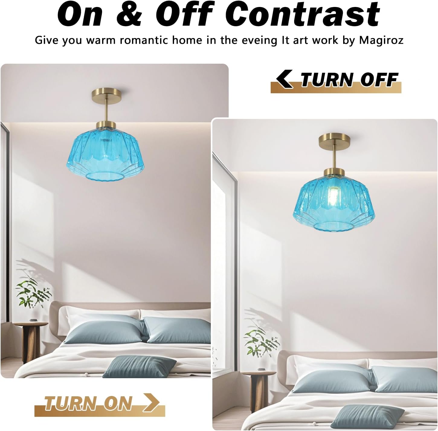 1-Light Blue Glass Ceiling Light Brushed Gold Semi Flush Mount Hanging Light Fixtures Farmhouse Small Modern Hallway Ceiling Light Fixtures with Glass Shade for Bathroom Corridor MCL31T