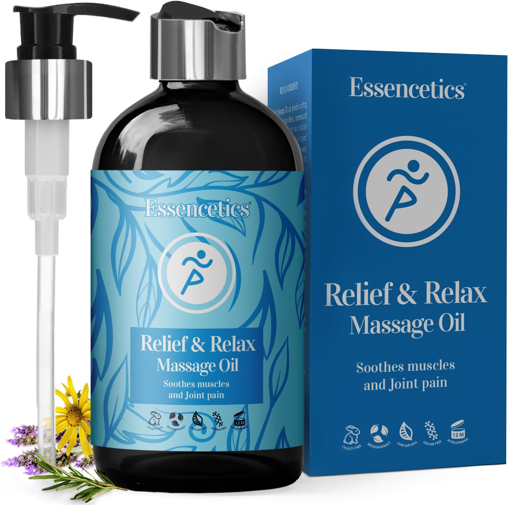 8 oz - Relief & Relax Sore Muscle Massage Oil with 100% Pure Arnica, Lavender & Rosemary Oils - Soothes Muscles & Joint with Relaxing Massage Oil for Massage Therapy