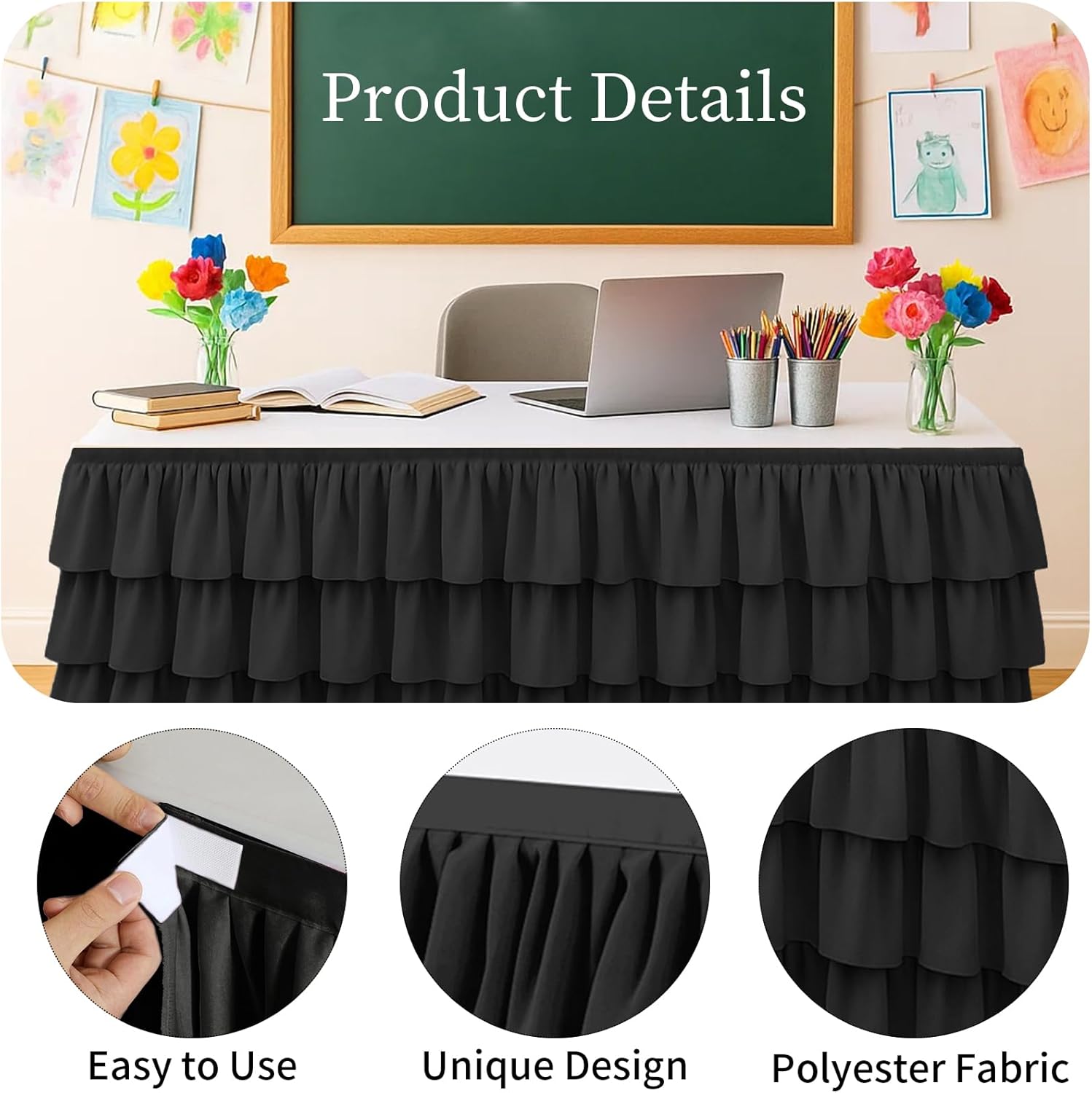 Black Table Skirt Tutu Ruffled Tablecloth for Classroom Teacher Desk Skirt Back to School Supplies for Princess Girls Birthday Party Cake Dessert Decorations, 9FT
