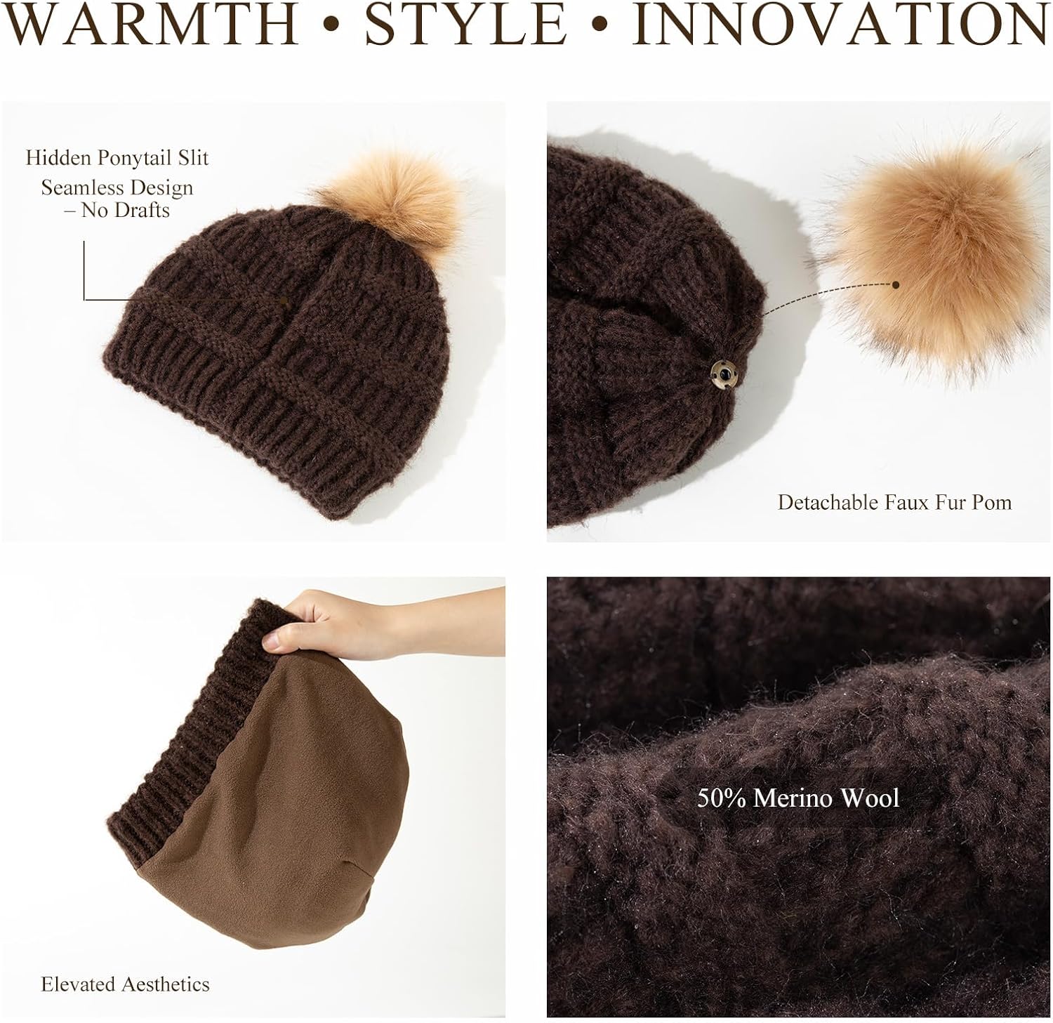 TOP-EX Women’s Winter Beanie Hat Chestnut Brown, Merino Wool Fleece Lined Knit Cap with Hidden Ponytail Hole and Detachable Faux Fur Pom, Warm Cozy Thermal Hat for Cold Weather Ski - Image 5