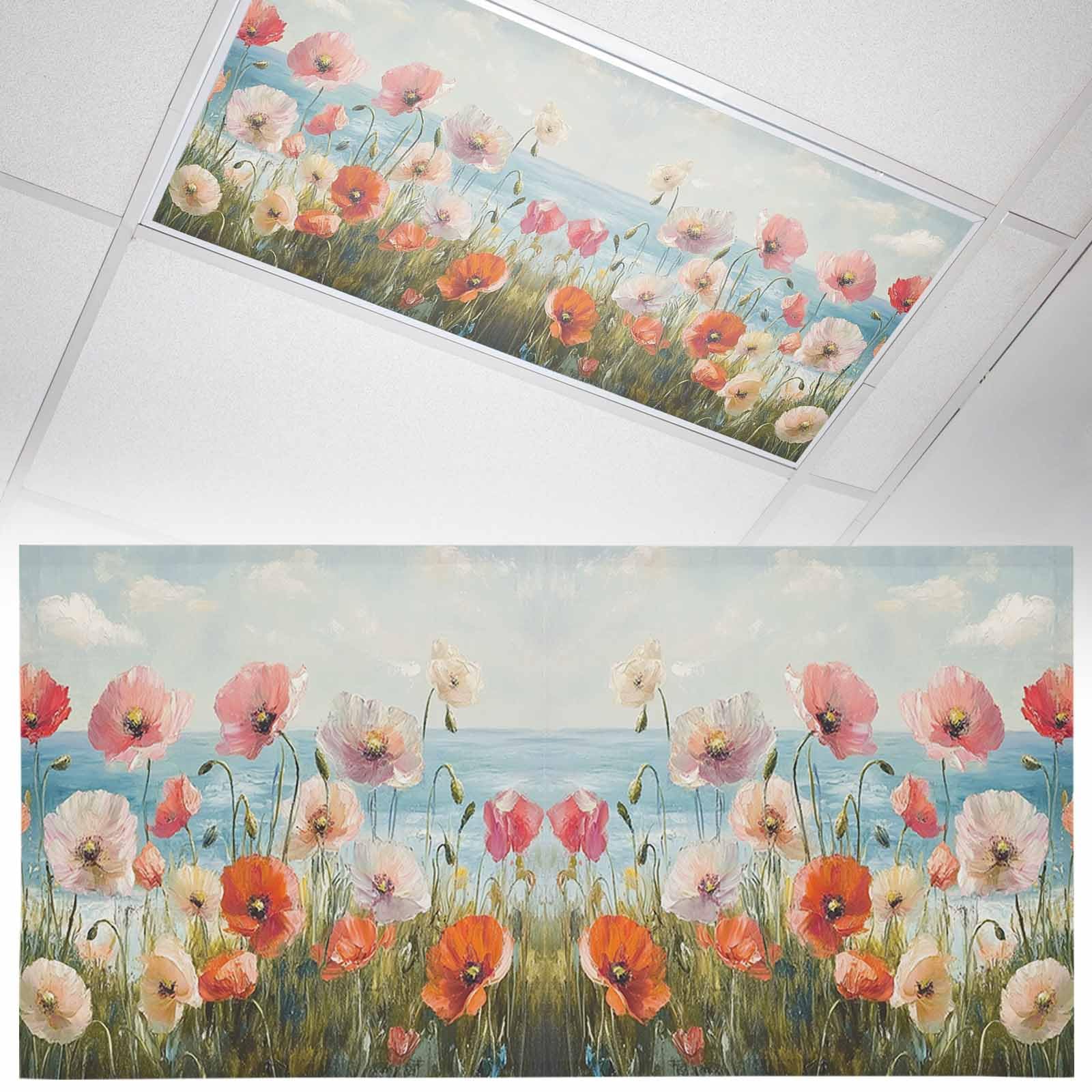 Wowouhiya 1 Pack Fluorescent Light Cover for Ceiling Lights, Pink Spring Floral Magnetic Classroom Light Filters 4x2 Feet, Modern Abstract Art Oil Painting Decorative Ceiling Shade Panel for Office