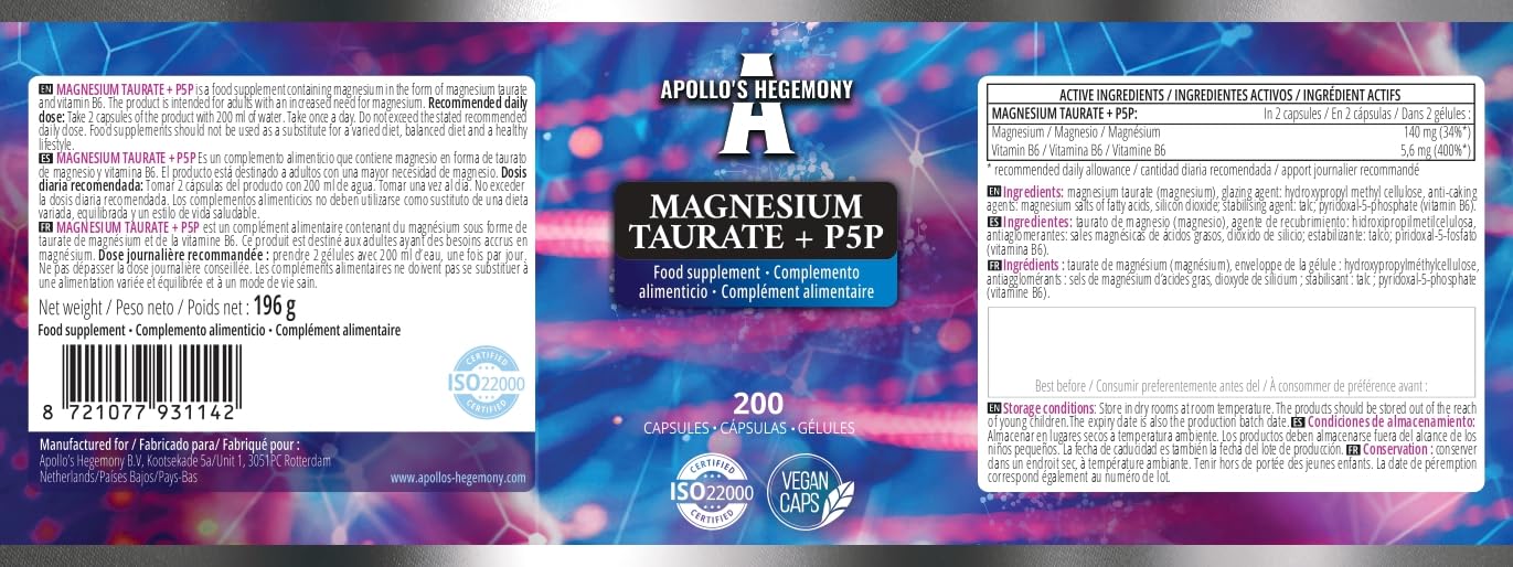 Magnesium Taurate + P-5-P 140 mg par portion - 200 gélules végétaliennes - 100 jours d'approvisionnement - soutient la fonction musculaire et nerveuse - supplément d'Apollo's Hegemony
