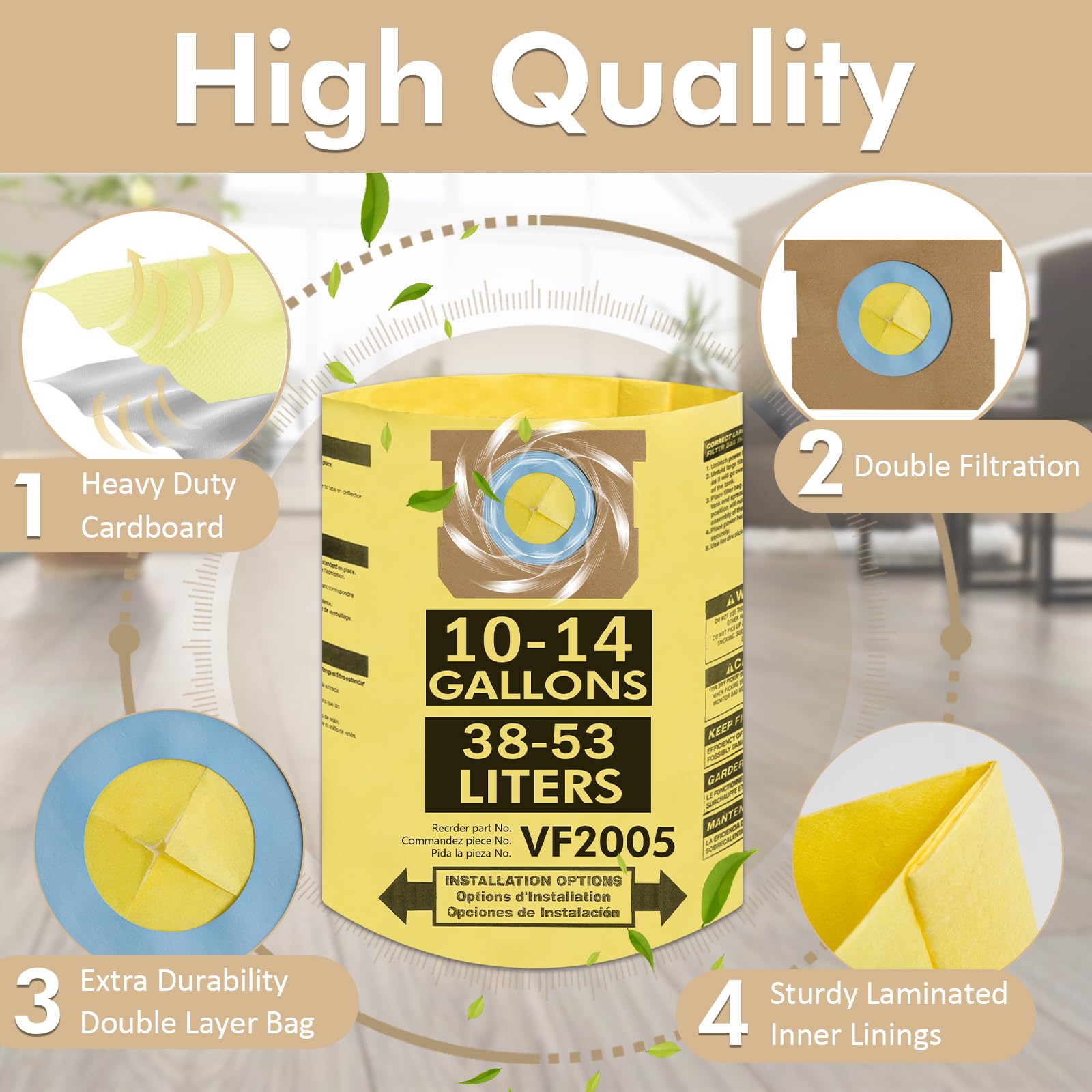 Confezione da 15 sacchetti sottovuoto compatibili per Shop Vac 10-14 galloni, tipo F- 9066233 90662; tipo I 90672 9067233 VF2005, sacchetti monouso per la raccolta di polveri sottili