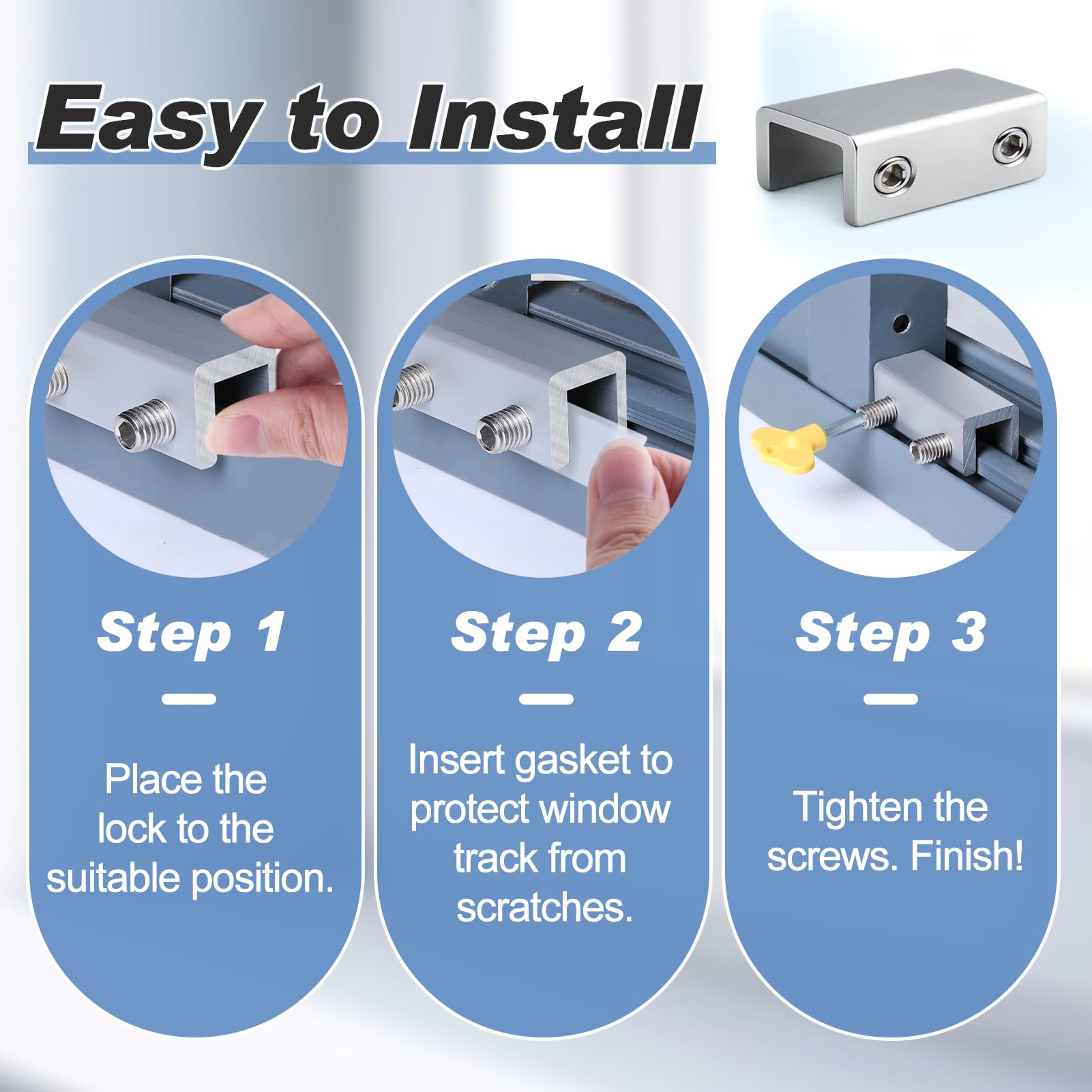 LEONTOOL 4 Sets Sliding Window Locks with Anti-Scratch gaskets Security Lock and Key Adjustable Aluminum Window Stopper for Width 12 to 15mm Easy Installation Without Drilling - Image 3