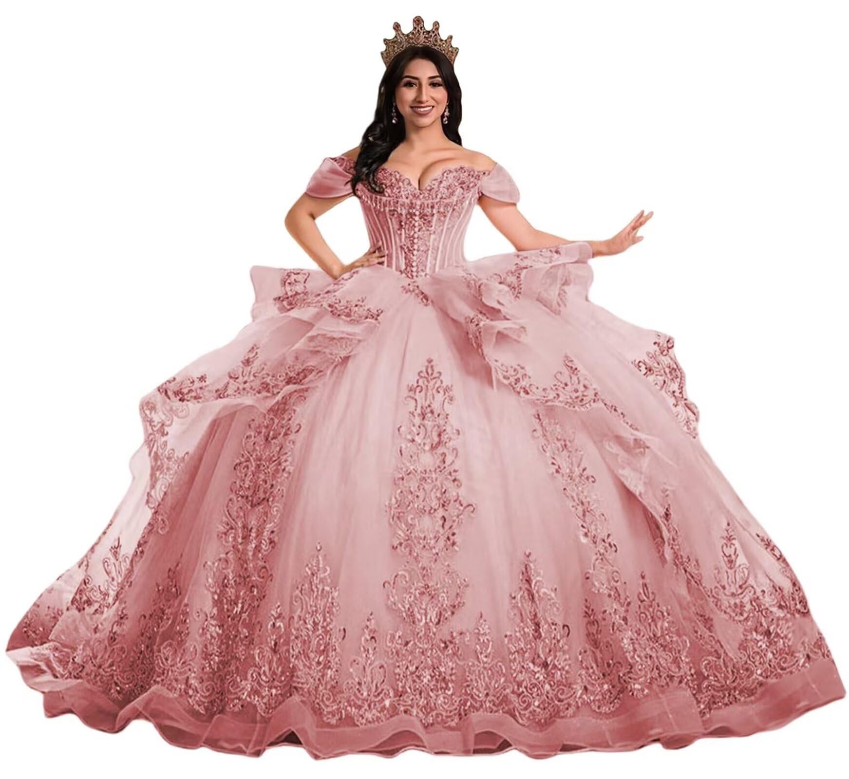 TRHTX Princess Ruffles Quinceanera Dresses with Train Puffy Lace Crystal 15 Dresses for Quinceanera Layered Tulle Ball Gown