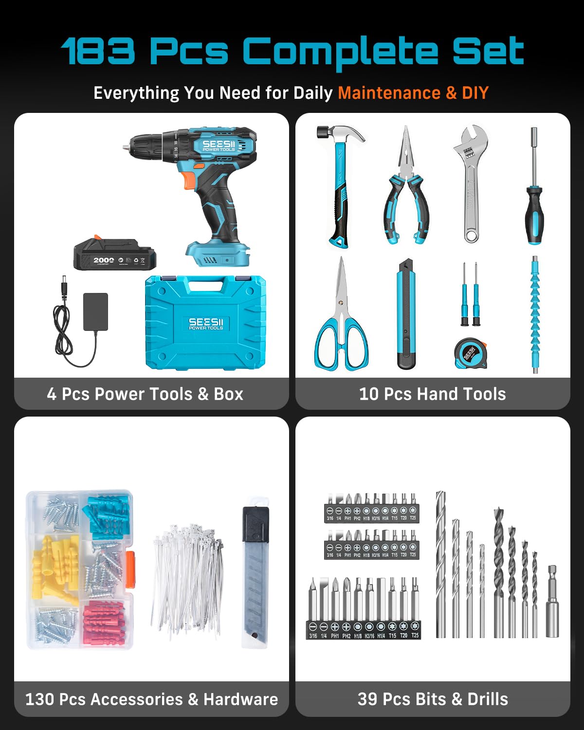 Seesii 20V Power Drill Set, 183Pcs Tool Kit with Toolbox for -2 Seesii 20V Power Drill Set, 183Pcs Tool Kit with Toolbox for -2