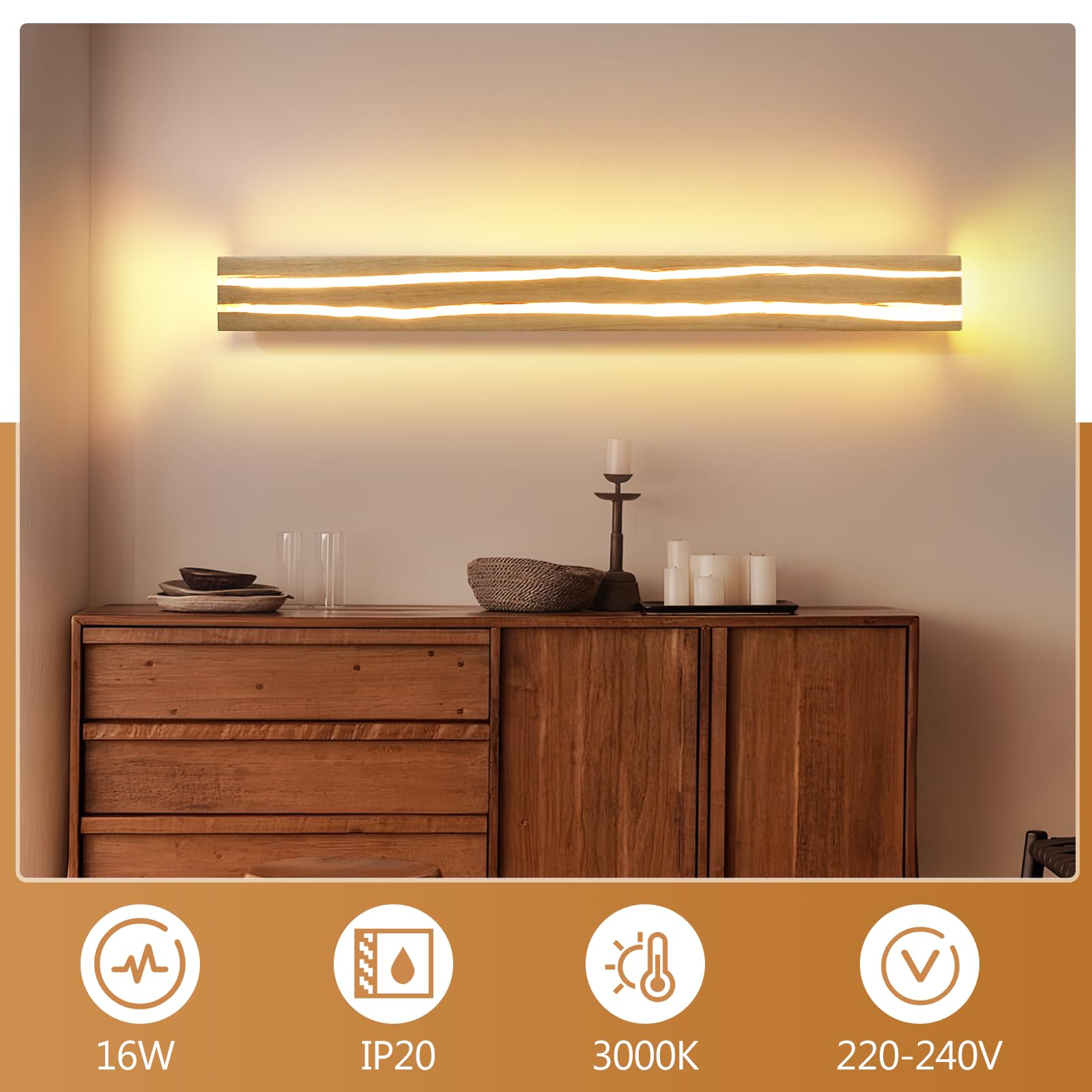 ZMH Wandlampe LED Wandleuchte innen Holz 16W 100CM Warmweiß Modern Design für Wohnzimmer Schlafzimmer Flur
