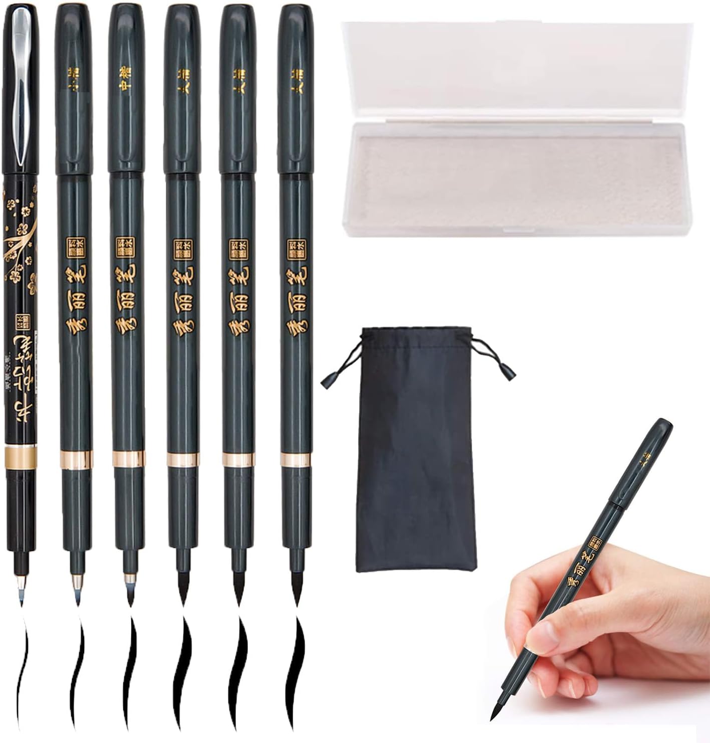 Hand Lettering Calligraphy Pens Brush Marker 4 Size Refillable 6pc | Writing, Painting, Drawing, Pack of 6 Black