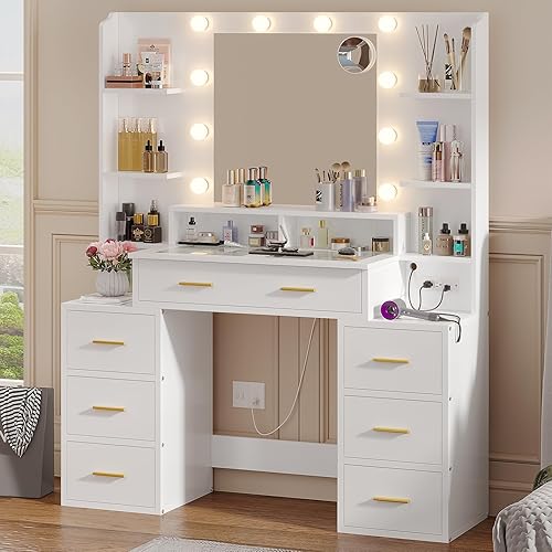 Miniatura 7 de BTHFST Escritorio de tocador de cristal con espejo y luces, tocador de maquillaje con luces, estación de carga y espejo de aumento de 10x, mesa de