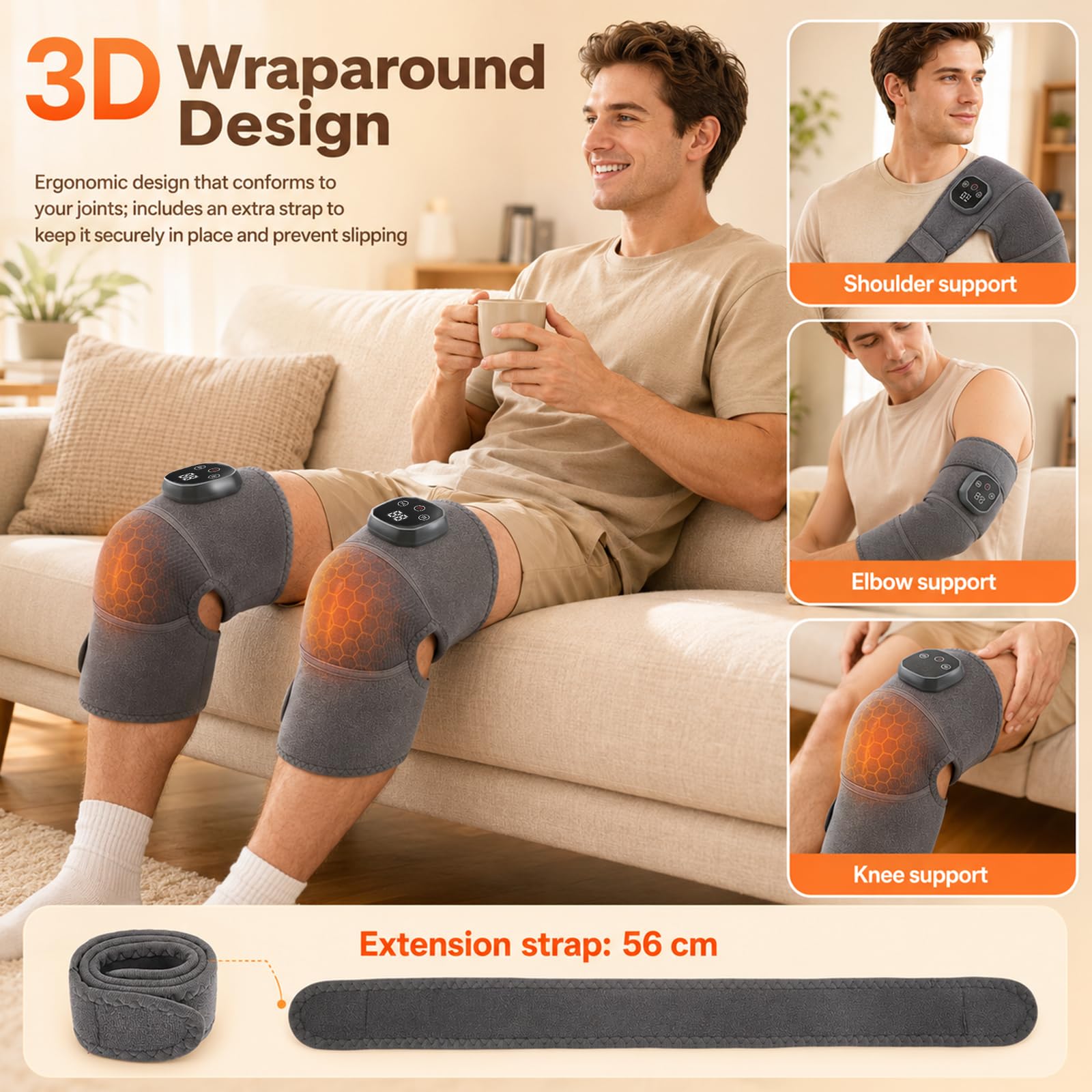 Rodillera Térmica Inalámbrica, Envoltura de Rodillera Calefactada con Control de Pantalla Táctil, 4 Niveles Calor, 3 Modos de Masaje, Almohadilla para Hombro Codo, para Ginocchio Spalla Gomito