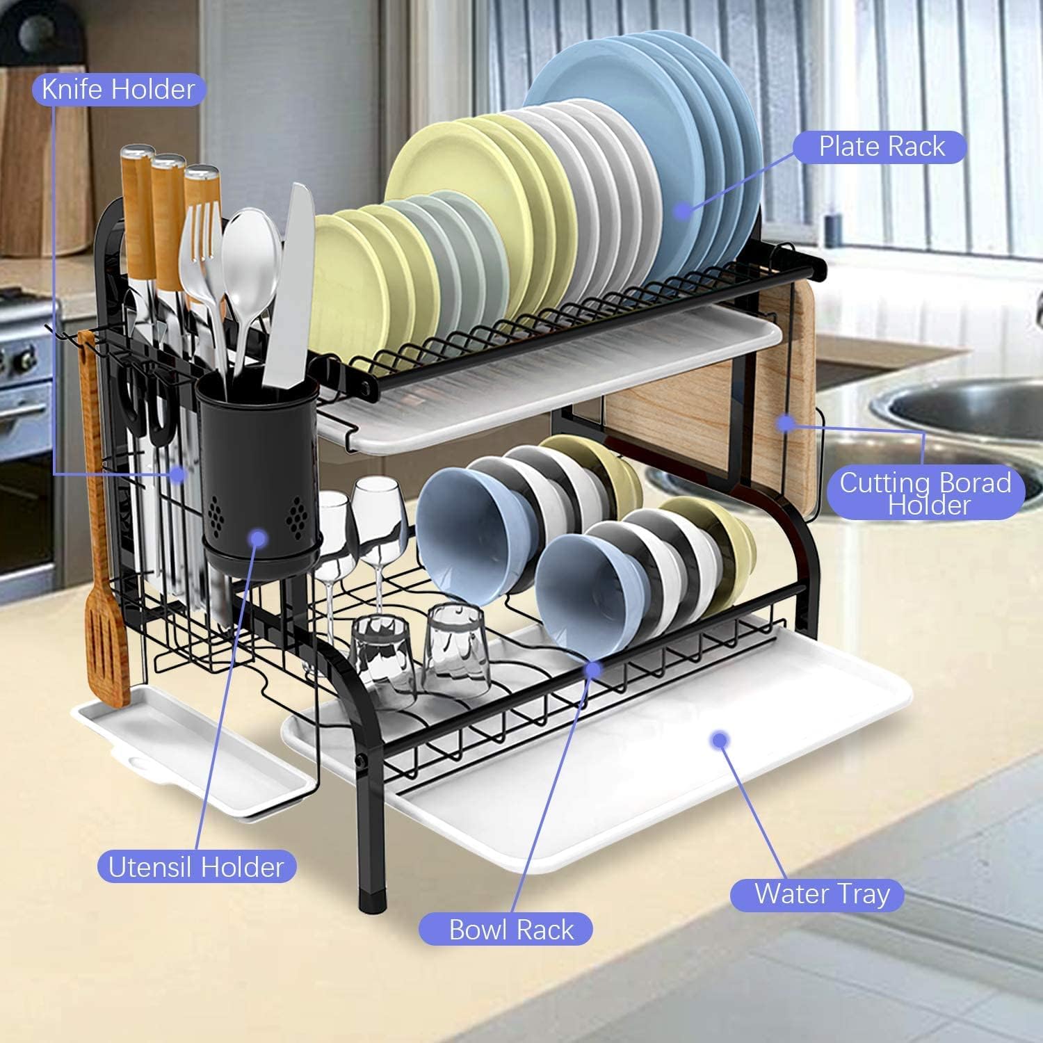 2 Tier Dish Rack, Stainless Steel Dish Drainer with Drainboard, Plate Cup Holder, Saving Space