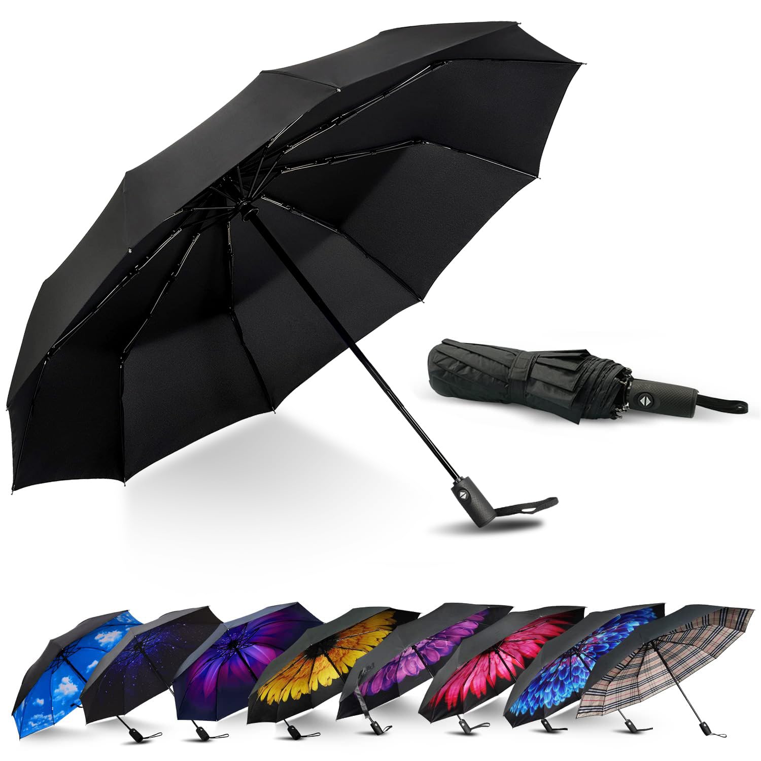 LLanxiry Compact Travel Umbrella, Automatic Open/Close Windproof Umbrella, 10 Fiberglass Ribs, 210T Pongee, UPF 50+ Sun/Rain, Lightweight Portable