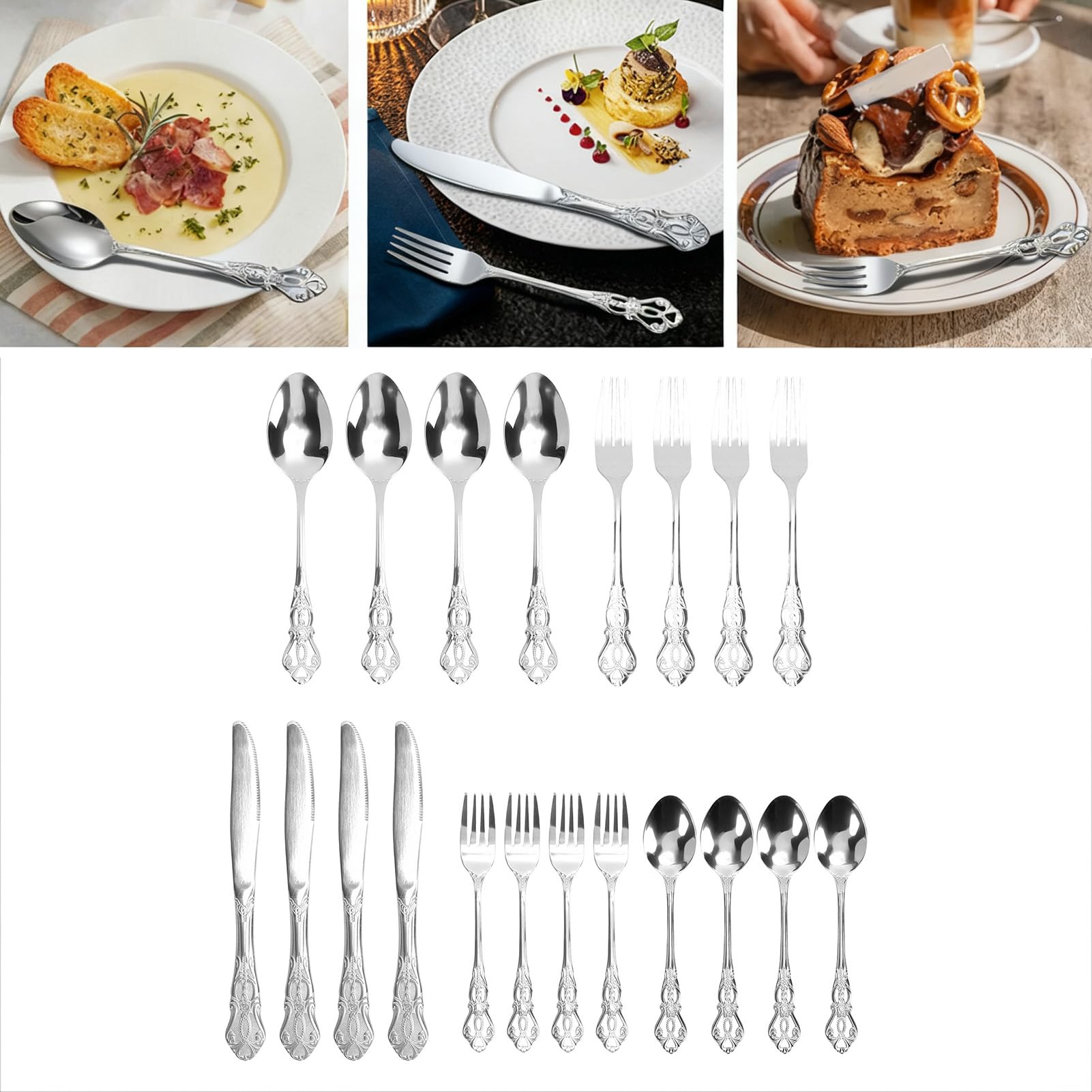 Juego de Cubiertos, Juego de Cubiertos de Acero Inoxidable Vintage Apto para Lavavajillas, 4 Tenedores para Cena, 4 Cucharas para Cena, 4 Tenedores para Ensalada, 4 Cucharas de (Plata)