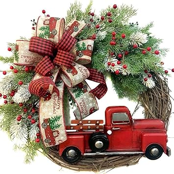 Christmas Wreath for Front Door/Red Truck Christmas Wreath Garland/Wreath Fall Farmhouse/Wreath for Indoor Outdoor Home Door/Christmas Vintage Plaid Bow-Knot Wreath/Christmas Trees Ornaments