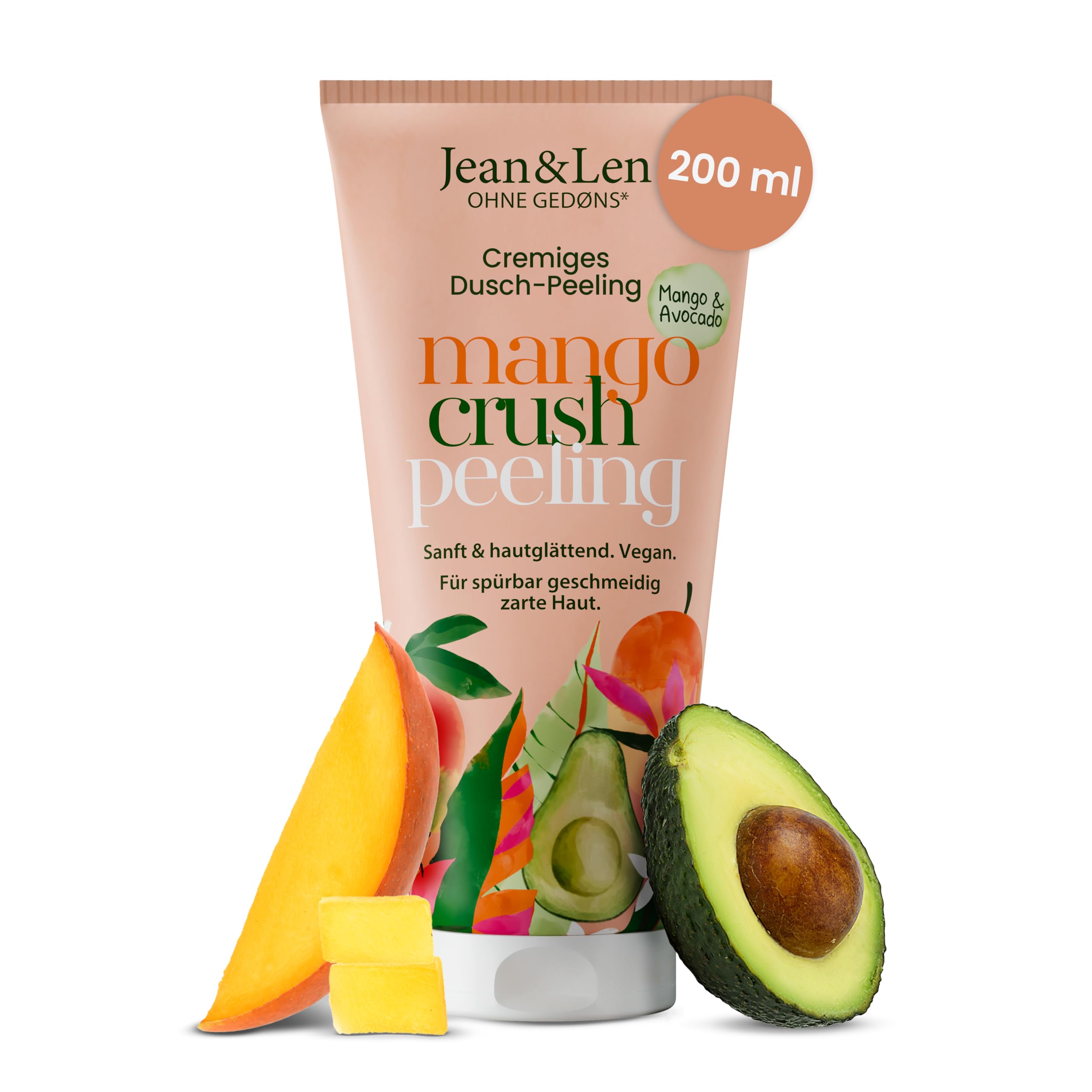 Jean & Len Duschpeeling Mango & Avocado, mit natürlichen Peelingkörpern, sanfte Reinigung, kann eingewachsene Haare vorbeugen, ohne Silikone, veganer Body Scrub, 200 ml