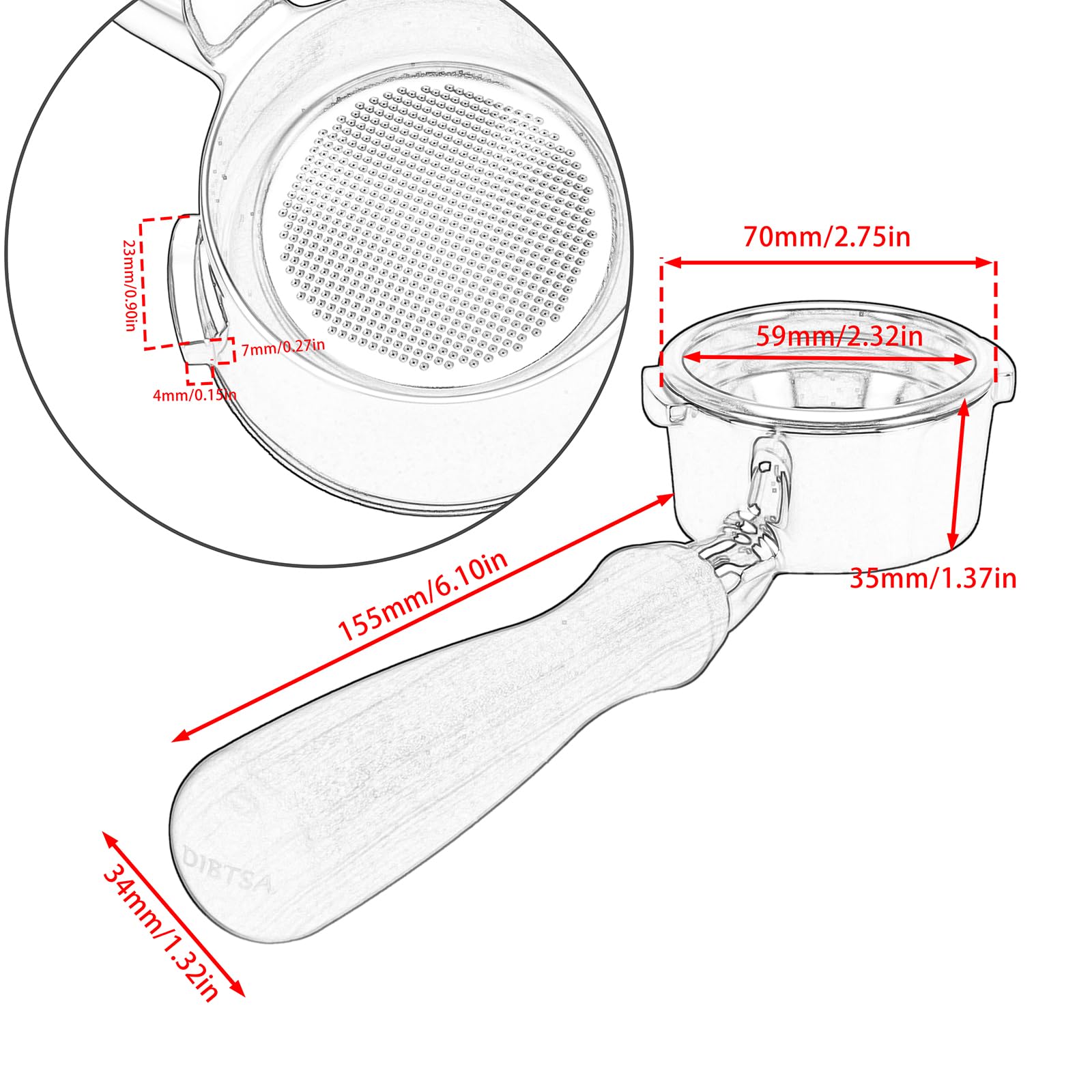 DIBTSA Portafiltro sin fondo de 58 mm compatible con Gaggia, portafiltro de café de acero inoxidable 304 de 2 orejas con cesta de filtro reutilizable y mango de madera, piezas de repuesto para máquina