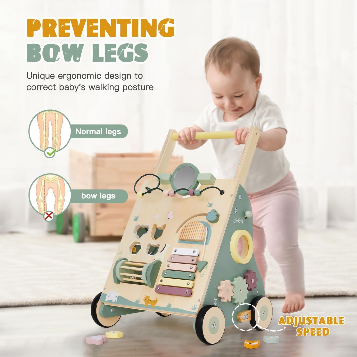 Labebe Passeggino in Legno 8 in 1 - Carrello per Bambini, Girello con Ruote Gommate e Centro Attività, Aiuto per Bambini